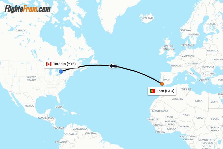 Flights from Faro to Toronto route map