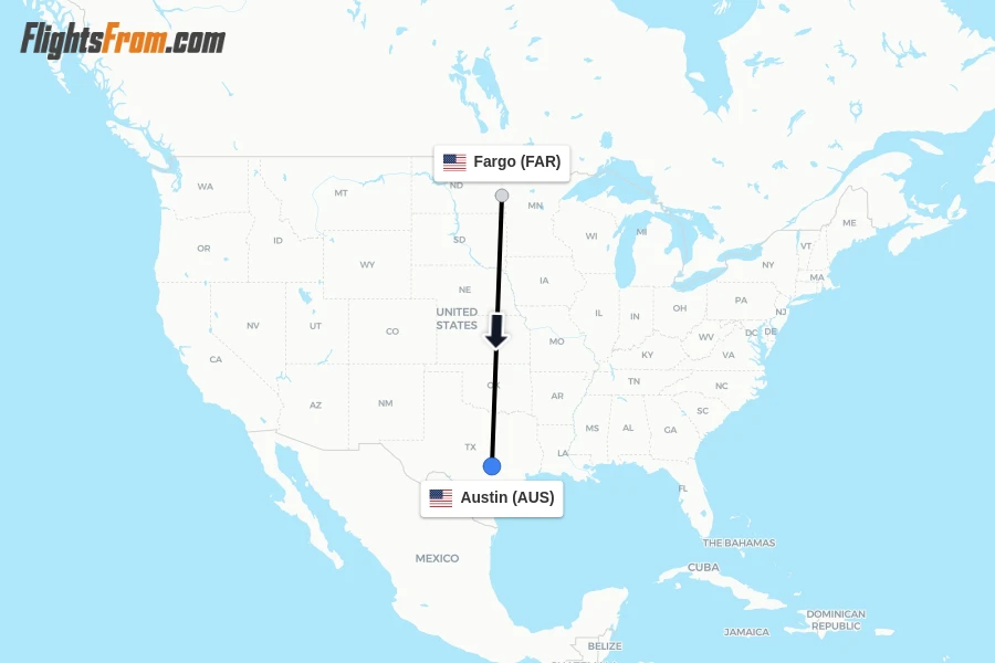 Flights from Fargo to Austin route map