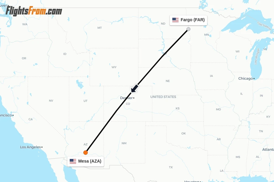Flights from Fargo to Mesa route map