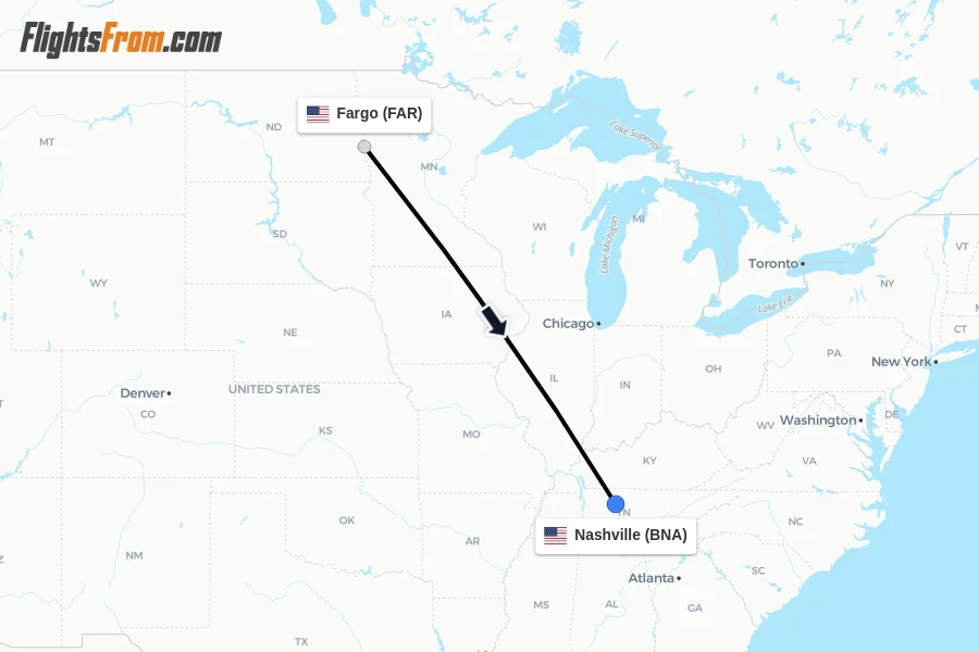 Flights from Fargo to Nashville route map