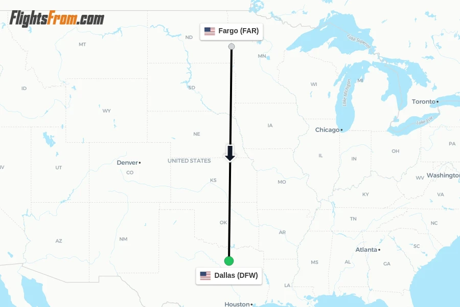 Flights from Fargo to Dallas route map