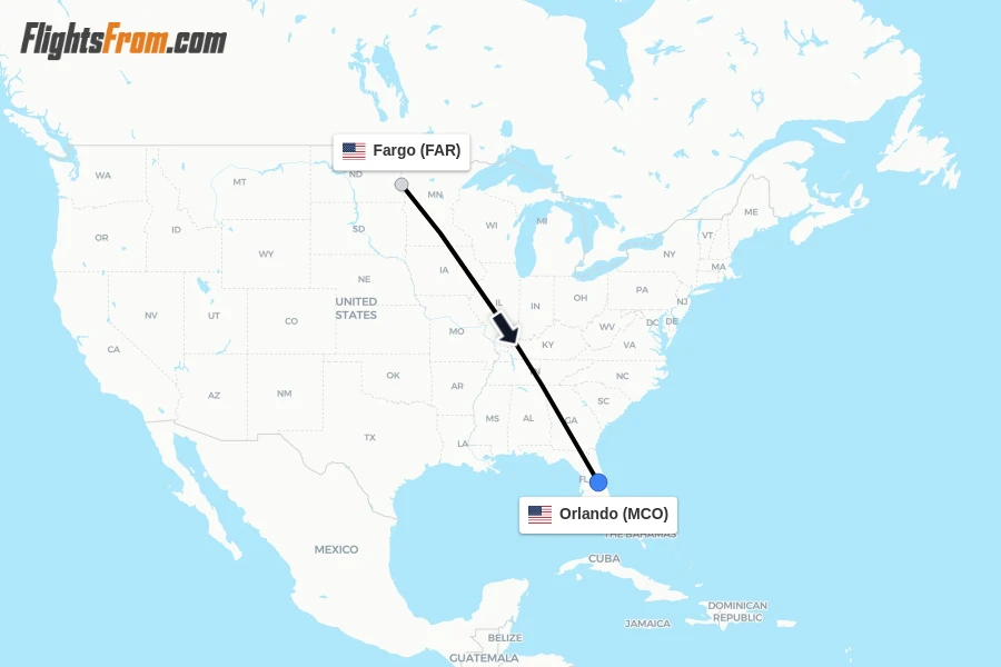 Flights from Fargo to Orlando route map