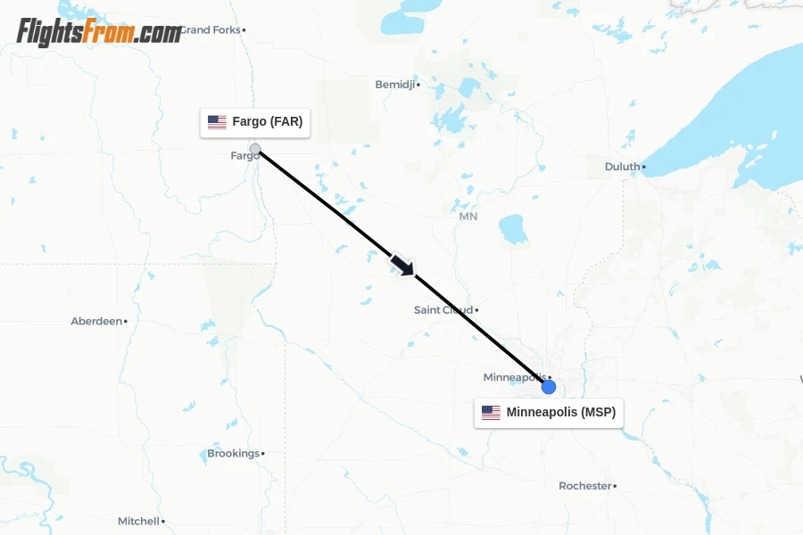 Flights from Fargo to Minneapolis route map