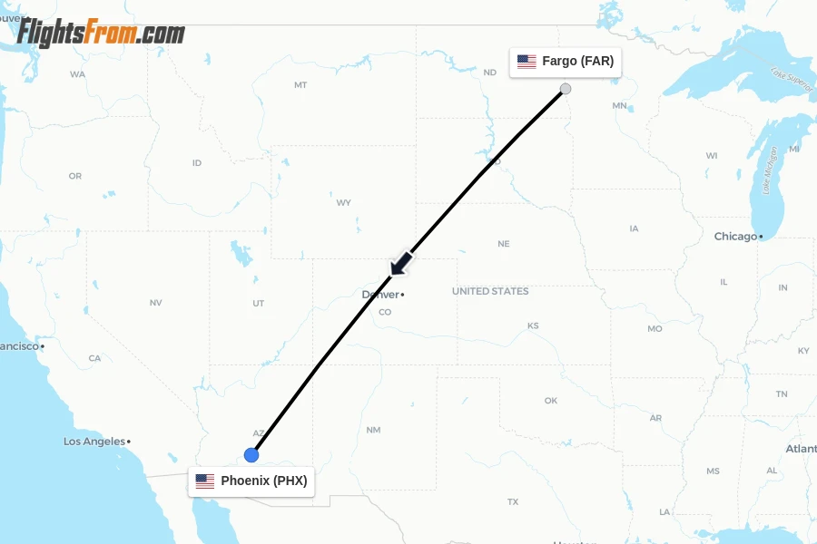 Flights from Fargo to Phoenix route map