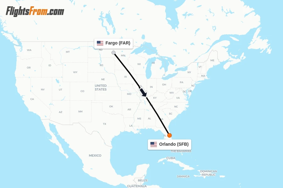 Flights from Fargo to Orlando route map