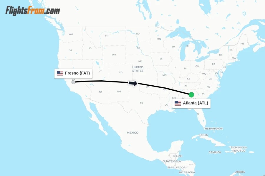 Flights from Fresno to Atlanta route map