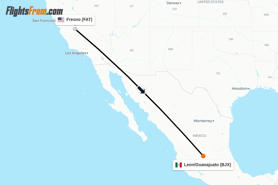 Flights from Fresno to Leon/Guanajuato route map