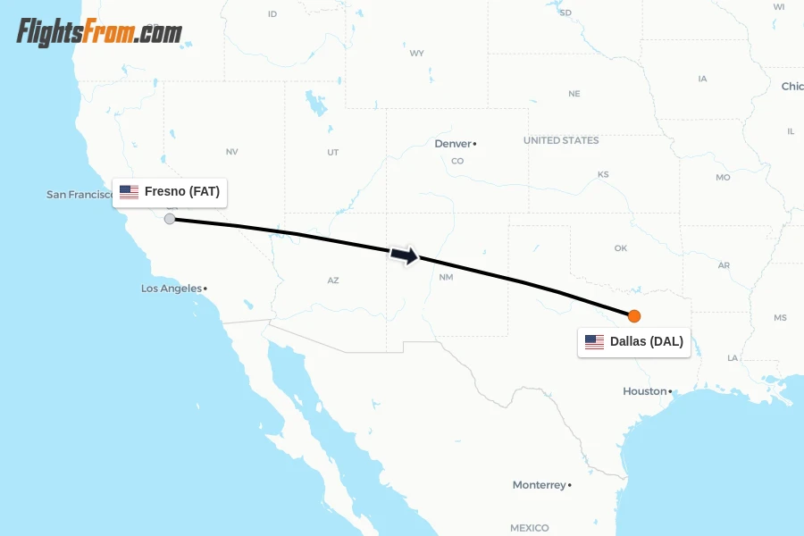 Flights from Fresno to Dallas route map