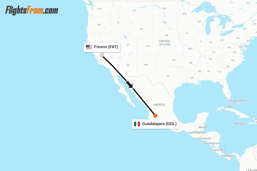 Flights from Fresno to Guadalajara route map