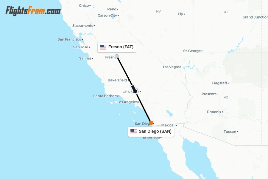 Flights from Fresno to San Diego route map