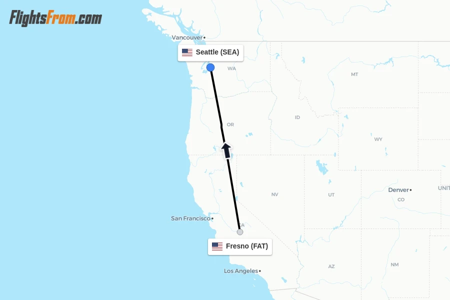 Flights from Fresno to Seattle route map