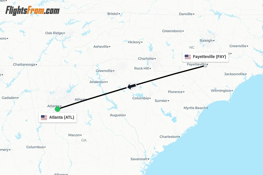Flights from Fayetteville to Atlanta route map