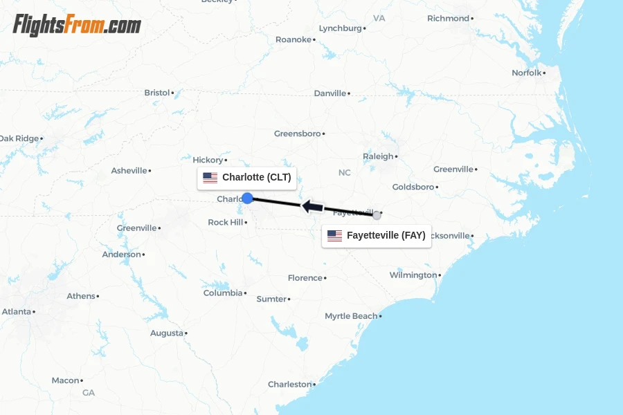 Flights from Fayetteville to Charlotte route map