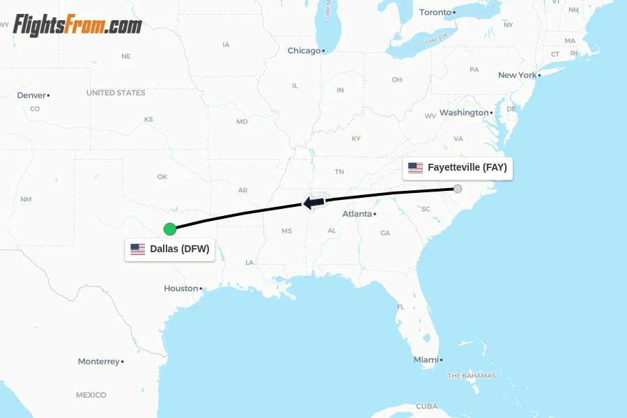 Flights from Fayetteville to Dallas route map
