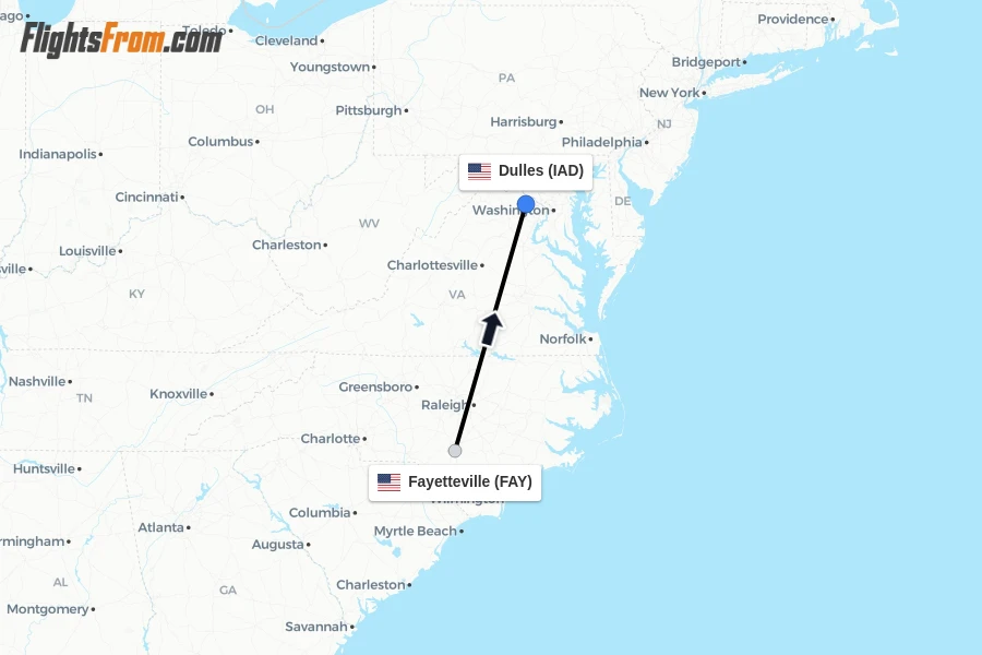 Flights from Fayetteville to Dulles route map