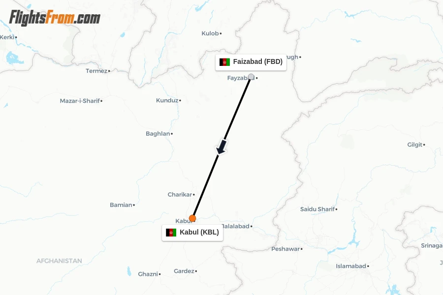 Flights from Faizabad to Kabul route map