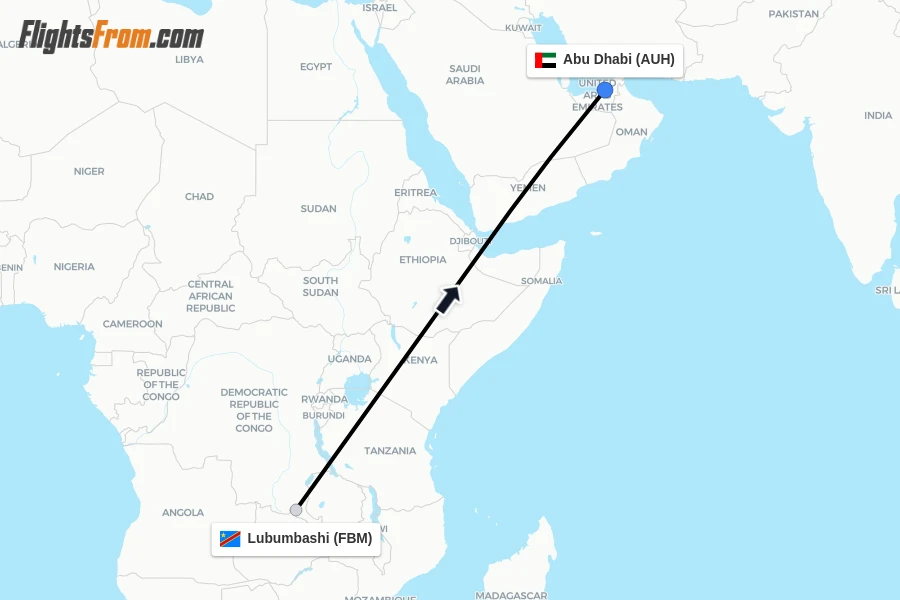 Flights from Lubumbashi to Abu Dhabi route map