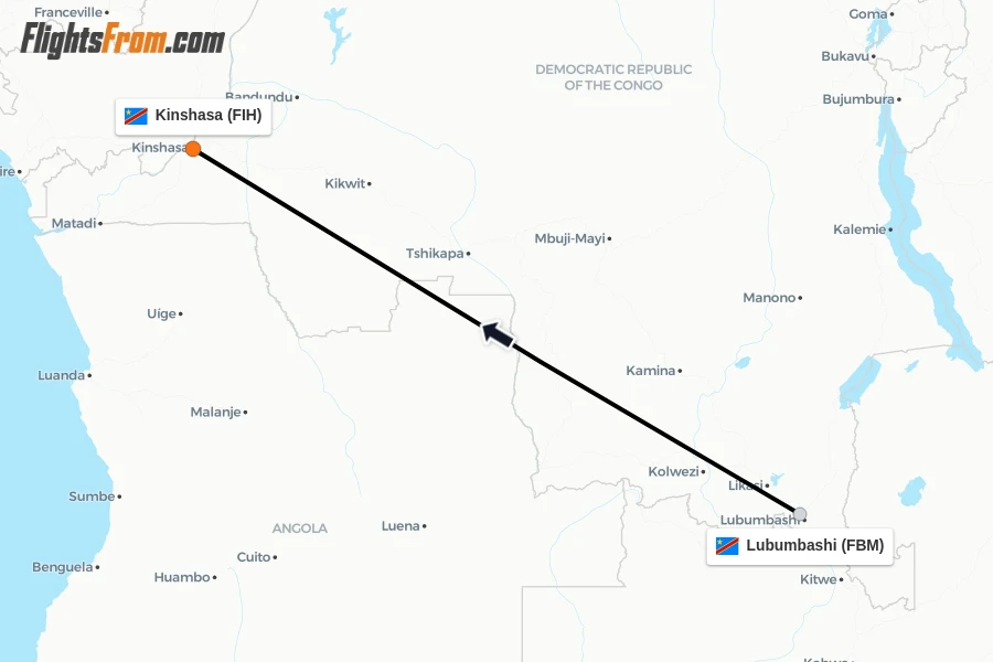 Flights from Lubumbashi to Kinshasa route map