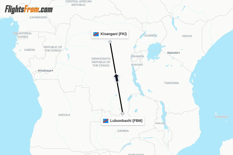 Flights from Lubumbashi to Kisangani route map