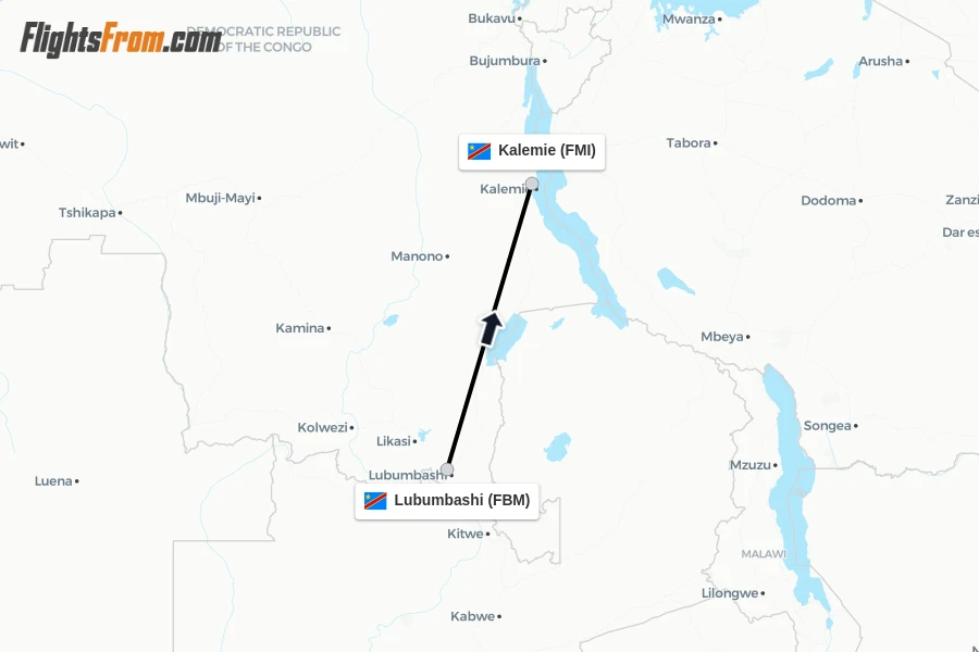 Flights from Lubumbashi to Kalemie route map