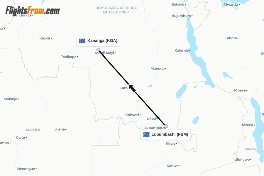 Flights from Lubumbashi to Kananga route map