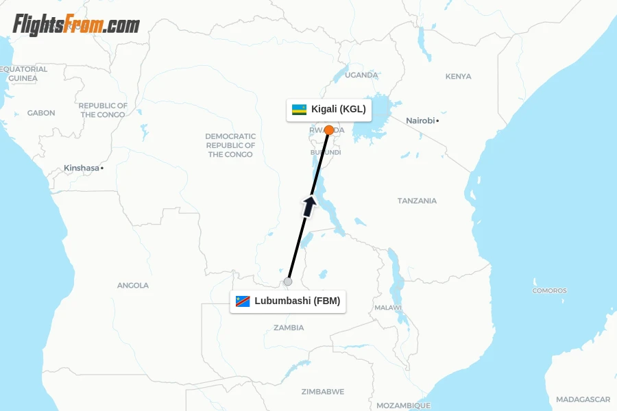 Flights from Lubumbashi to Kigali route map