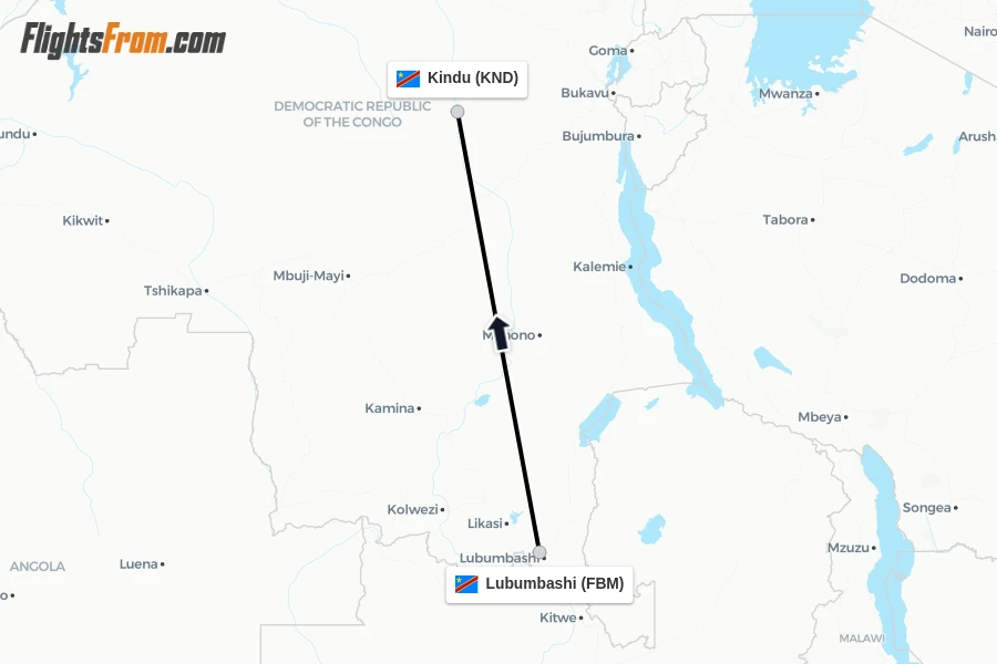 Flights from Lubumbashi to Kindu route map
