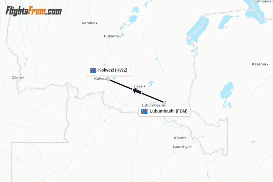 Flights from Lubumbashi to Kolwezi route map
