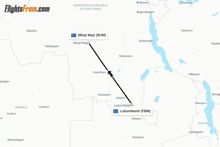Flights from Lubumbashi to Mbuji Mayi route map
