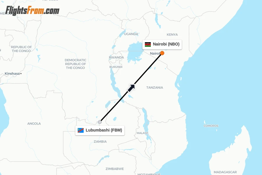Flights from Lubumbashi to Nairobi route map
