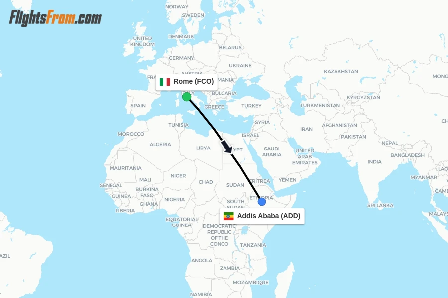 Flights from Rome to Addis Ababa route map