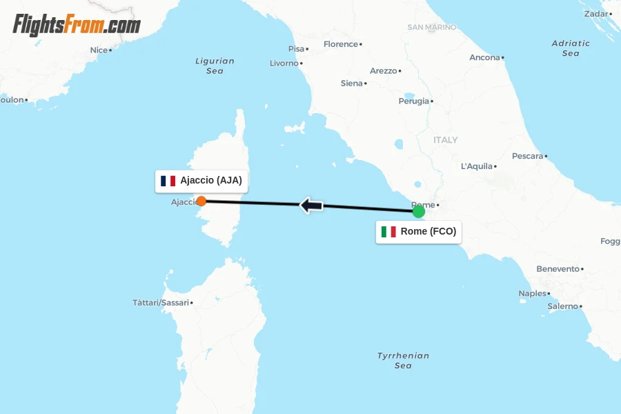 Flights from Rome to Ajaccio route map
