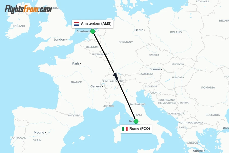Flights from Rome to Amsterdam route map