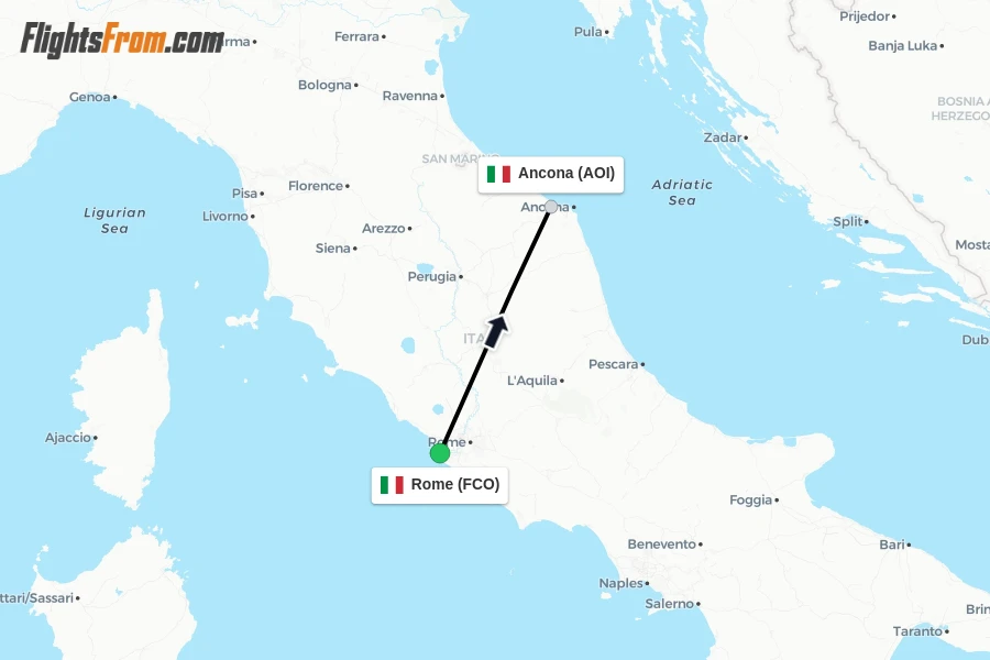 Flights from Rome to Ancona route map
