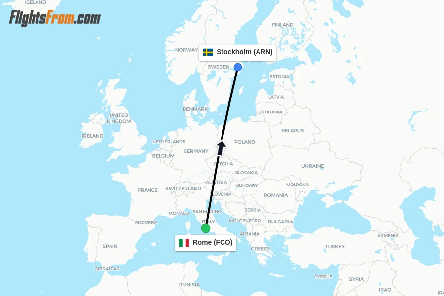 Flights from Rome to Stockholm route map