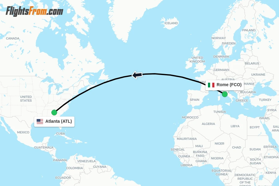 Flights from Rome to Atlanta route map