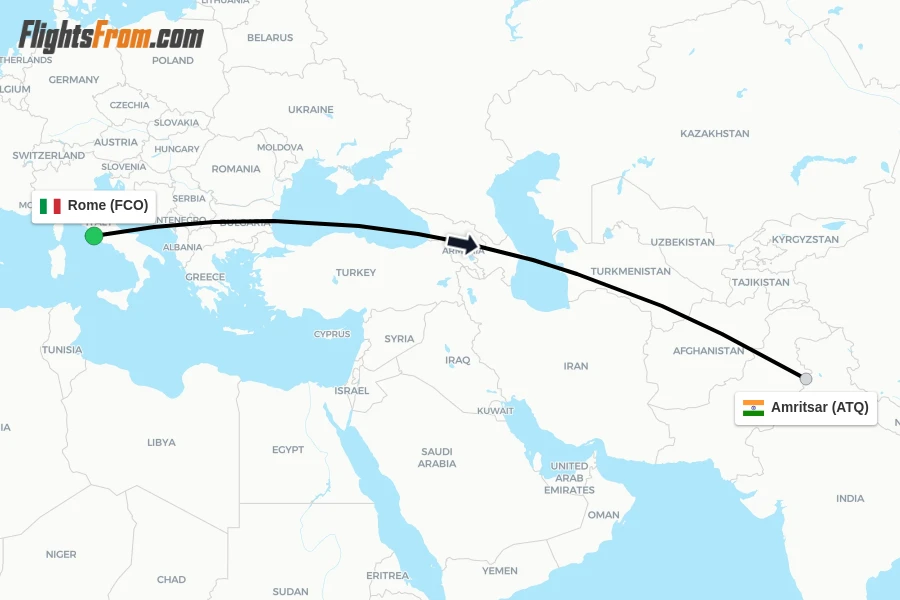 Flights from Rome to Amritsar route map