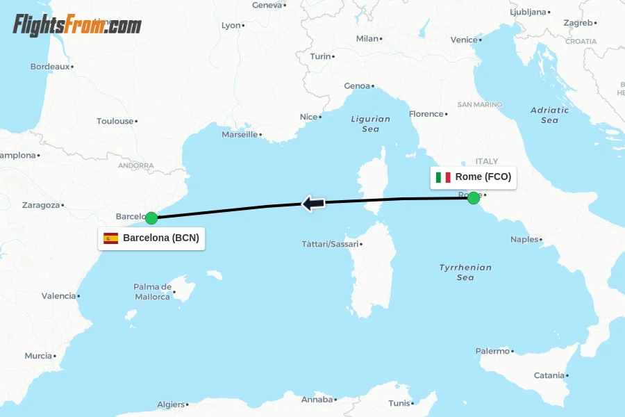 Flights from Rome to Barcelona route map
