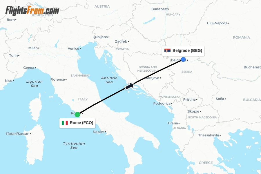 Flights from Rome to Belgrade route map