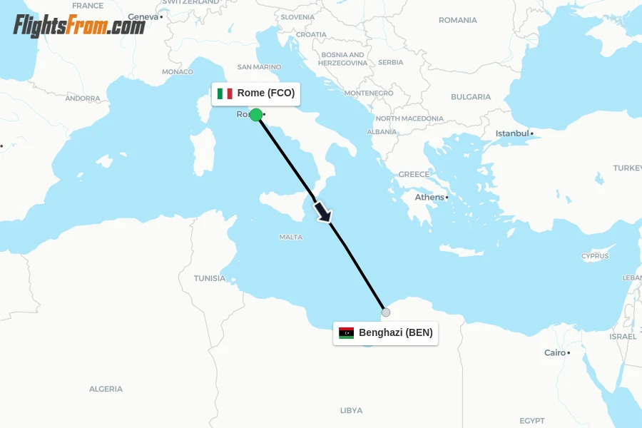 Flights from Rome to Benghazi route map