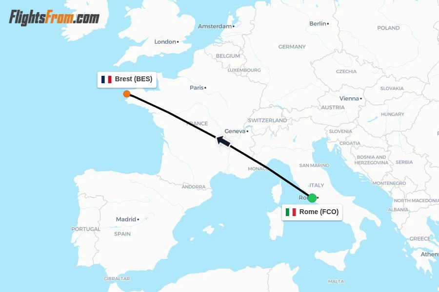 Flights from Rome to Brest route map