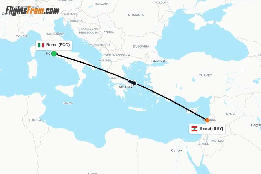 Flights from Rome to Beirut route map