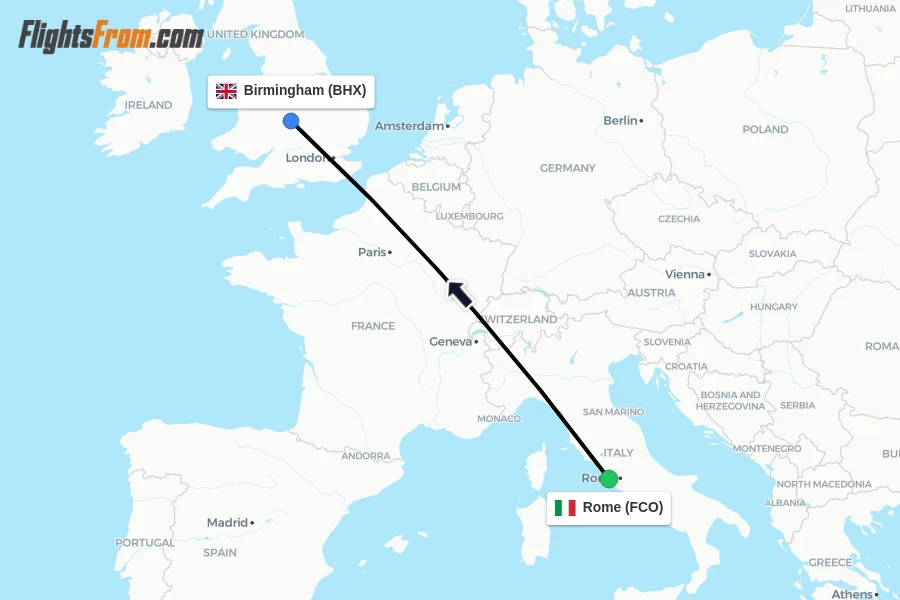 Flights from Rome to Birmingham route map