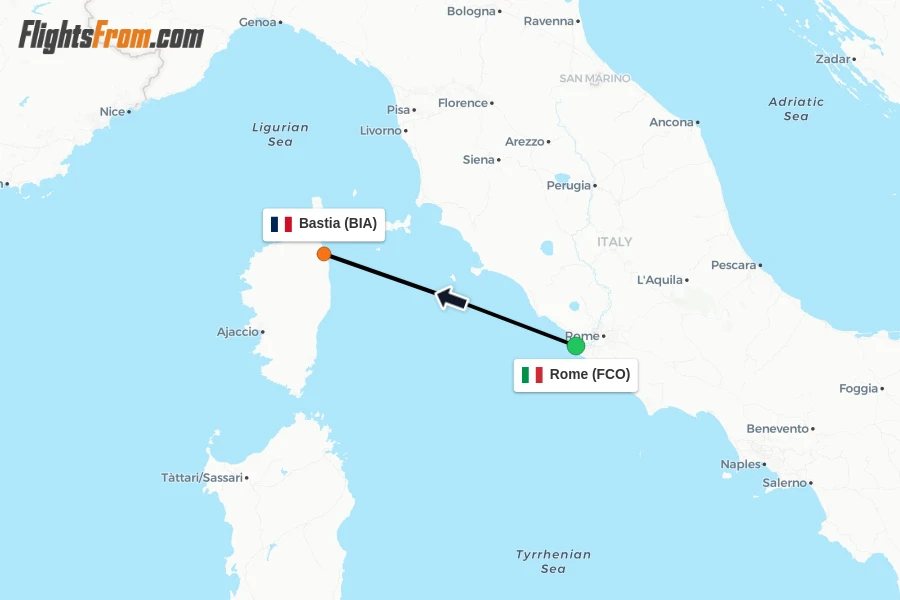 Flights from Rome to Bastia route map