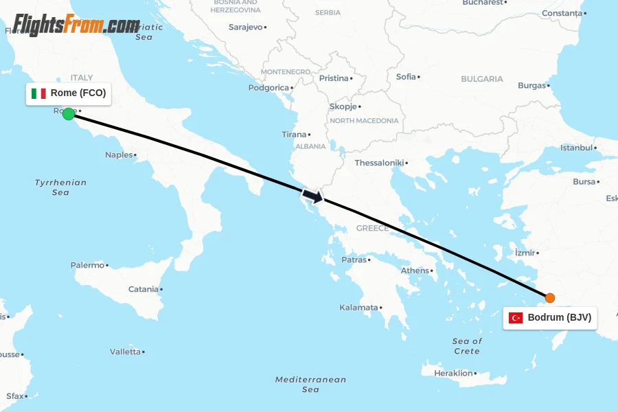 Flights from Rome to Bodrum route map