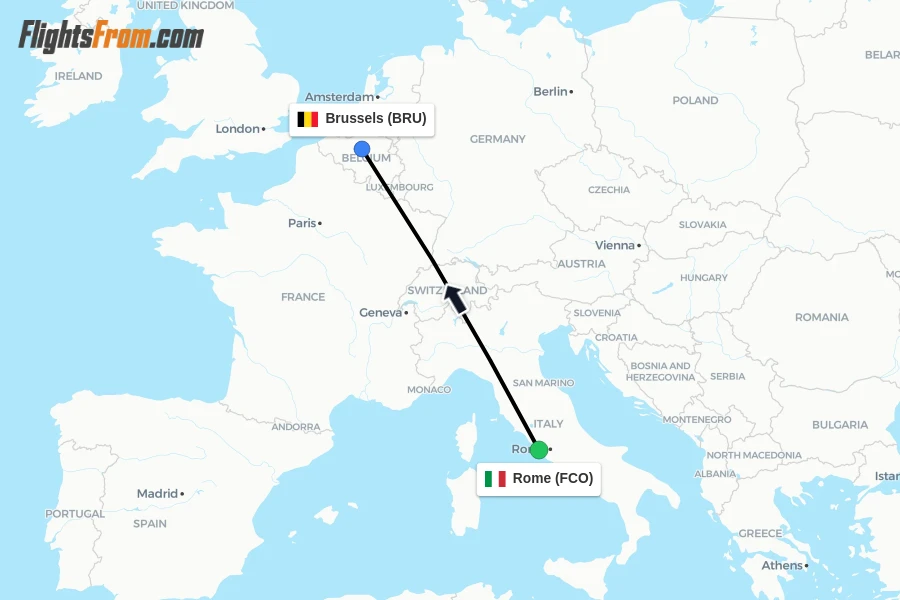 Flights from Rome to Brussels route map