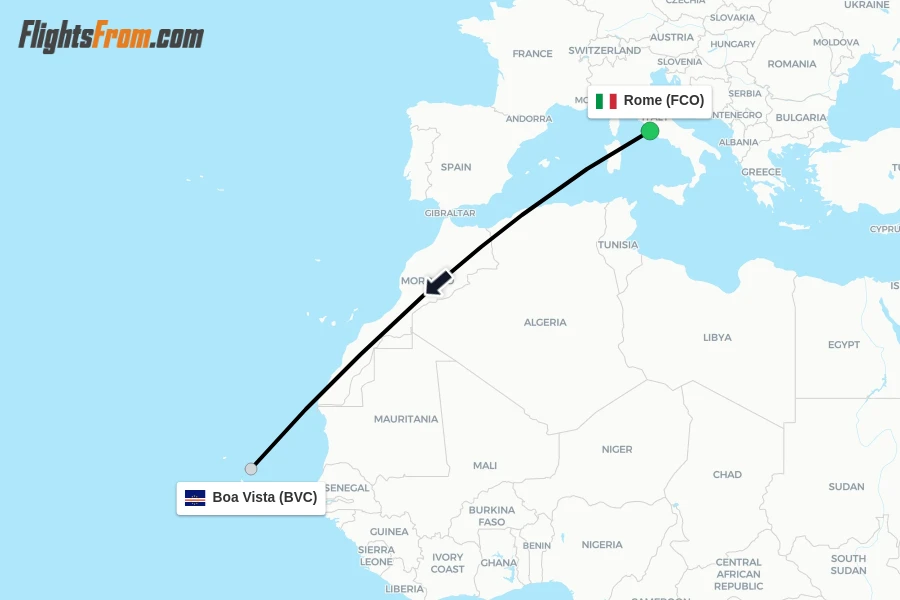 Flights from Rome to Boa Vista route map