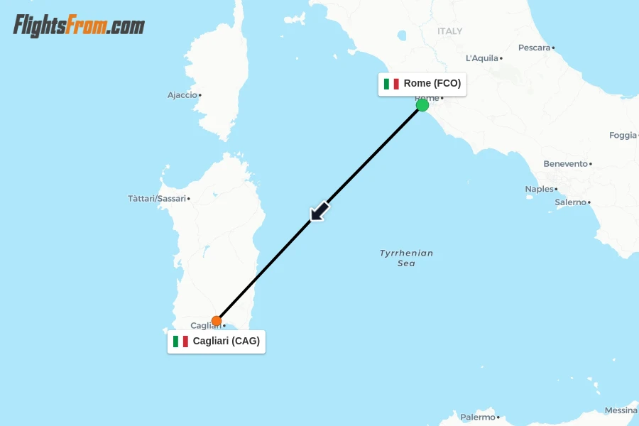 Flights from Rome to Cagliari route map