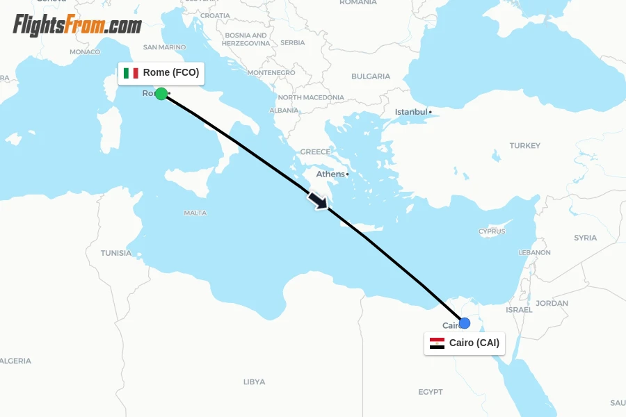 Flights from Rome to Cairo route map
