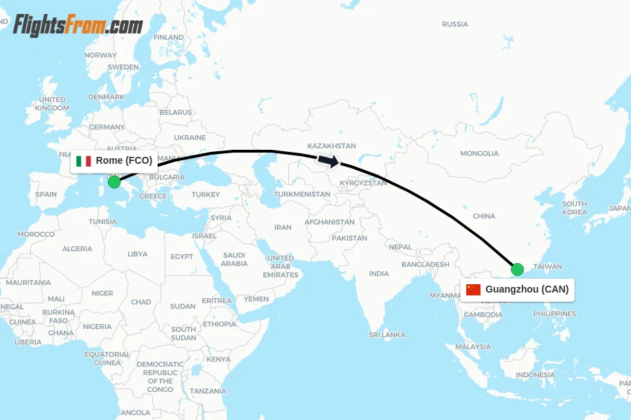 Flights from Rome to Guangzhou route map